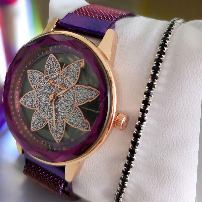 Fashion, accesorii si bijuterii - Femei - Bijuterii femei - Ceasuri femei - Set ceas casual de dama cu bratara inclusa, display analog, mecanism quartz, mov-burgundy, inchidere magnetica - Infinity.ro