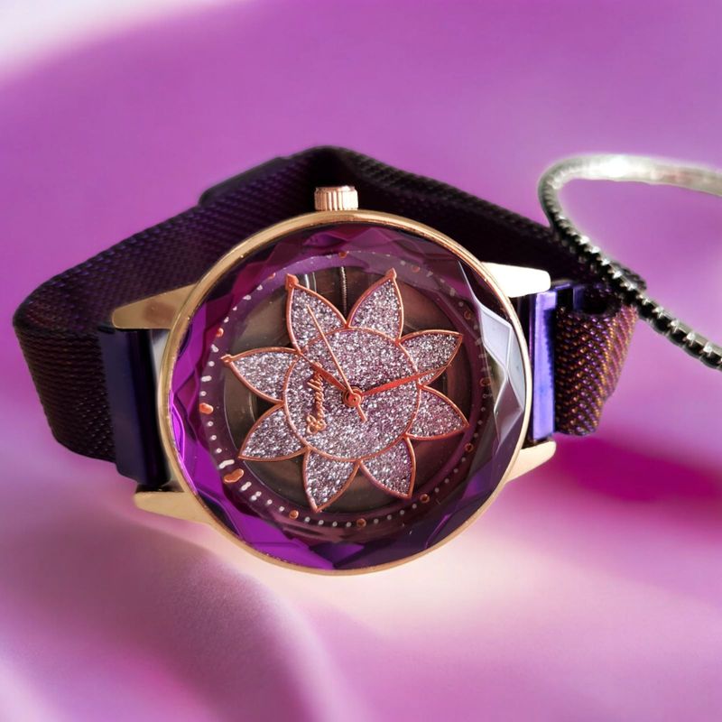 Fashion, accesorii si bijuterii - Femei - Bijuterii femei - Ceasuri femei - Set ceas casual de dama cu bratara inclusa, display analog, mecanism quartz, mov-burgundy, inchidere magnetica - Infinity.ro