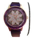 Fashion, accesorii si bijuterii - Femei - Bijuterii femei - Ceasuri femei - Set ceas casual de dama cu bratara inclusa, display analog, mecanism quartz, mov-burgundy, inchidere magnetica - Infinity.ro