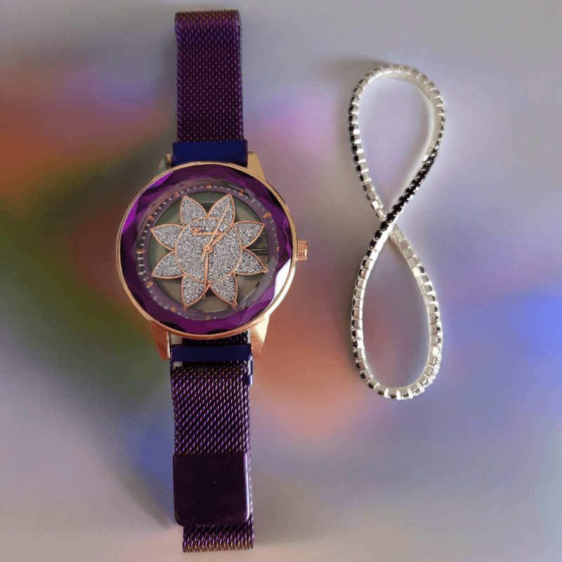 Fashion, accesorii si bijuterii - Femei - Bijuterii femei - Ceasuri femei - Set ceas casual de dama cu bratara inclusa, display analog, mecanism quartz, mov-burgundy, inchidere magnetica - Infinity.ro