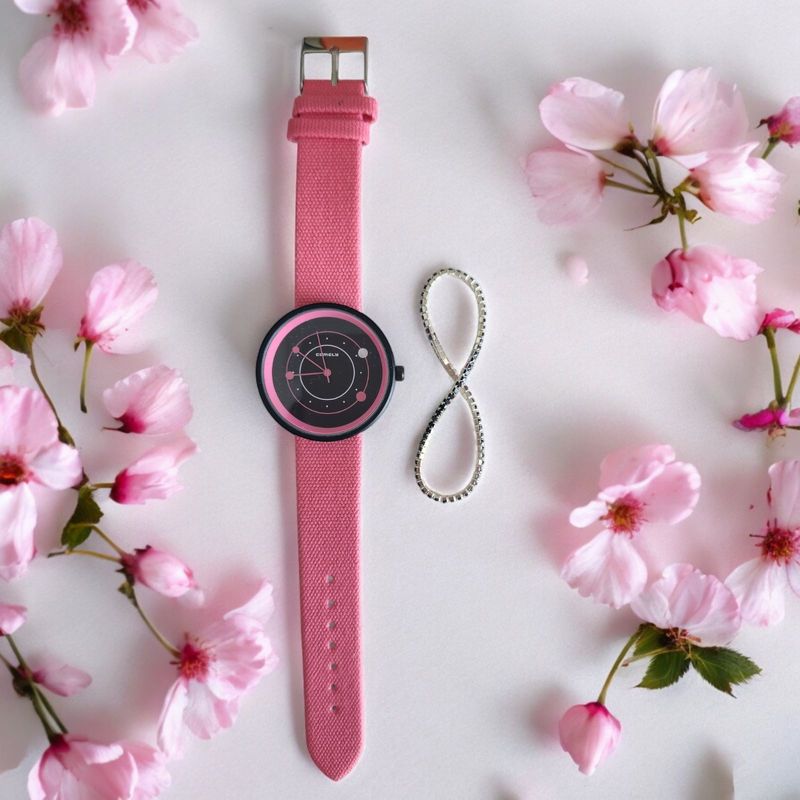 Fashion, accesorii si bijuterii - Femei - Bijuterii femei - Ceasuri femei - Set ceas casual de dama cu bratara inclusa, display analog, mecanism quartz, roz-negru - Infinity.ro