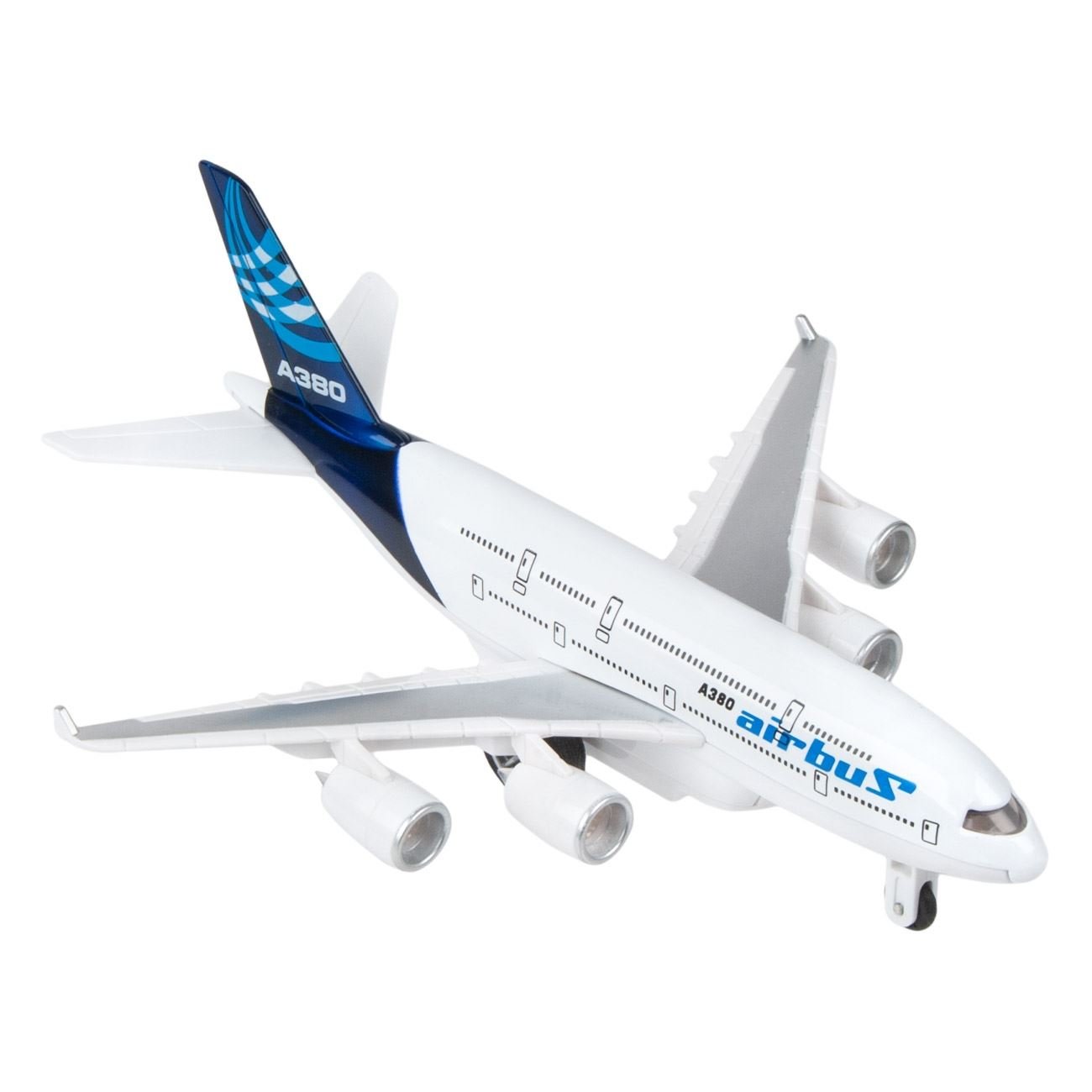 Avion jucarie, a380, sunet si lumina, scara 1:31, metal, alb-albastru