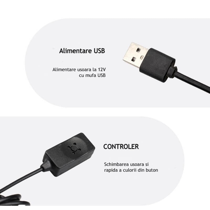 Auto si Moto - Electrice auto - Iluminare si semnalizare - Lumini ambientale - Fir RGB 5m lumina ambientala auto, alimentare cu mufa USB, 7 culori - Infinity.ro