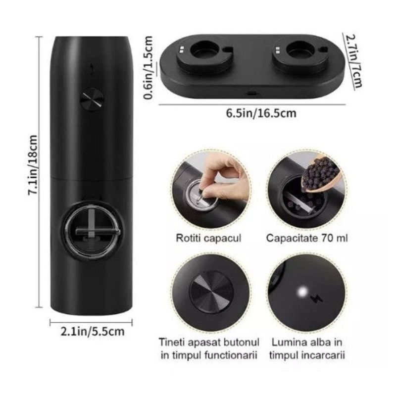 Casa si Gradina - Bucatarie si vesela - Ustensile bucatarie - Rasnite si dozatoare condimente - Set cu 2 Rasnite Electrice pentru Condimente, Incarcare USB, cu Lumina LED, Negru - Infinity.ro
