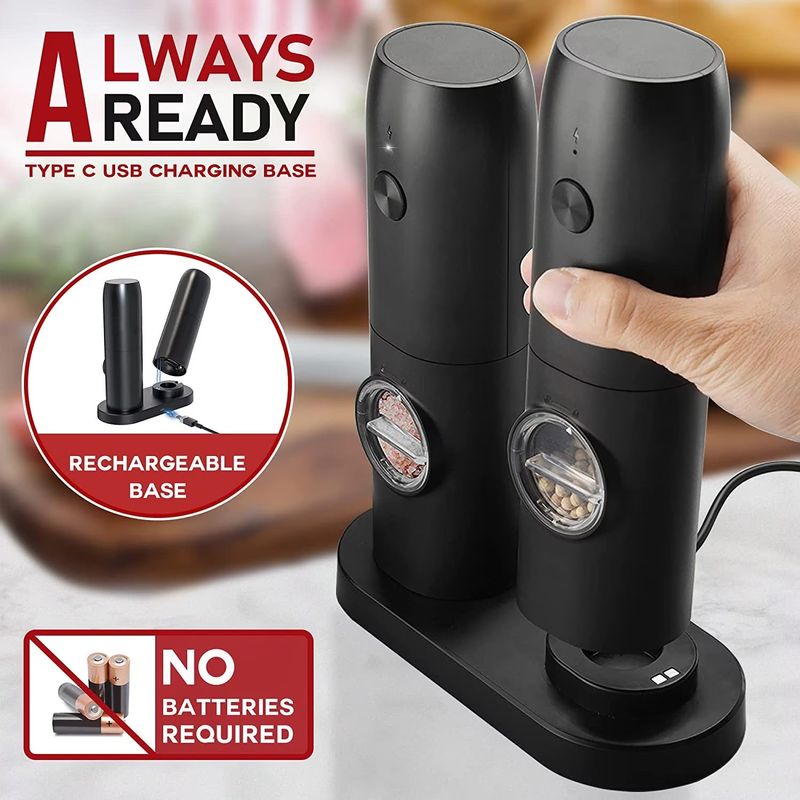 Casa si Gradina - Bucatarie si vesela - Ustensile bucatarie - Rasnite si dozatoare condimente - Set cu 2 Rasnite Electrice pentru Condimente, Incarcare USB, cu Lumina LED, Negru - Infinity.ro