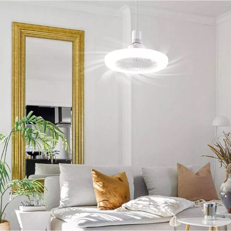 Casa si Gradina - Corpuri si surse de iluminat - Plafoniere, aplice si spoturi - Ventilator de tavan silentios, 30W, 3 viteze, cu soclu E27/B22, lumina si telecomanda, alb-galben - Infinity.ro