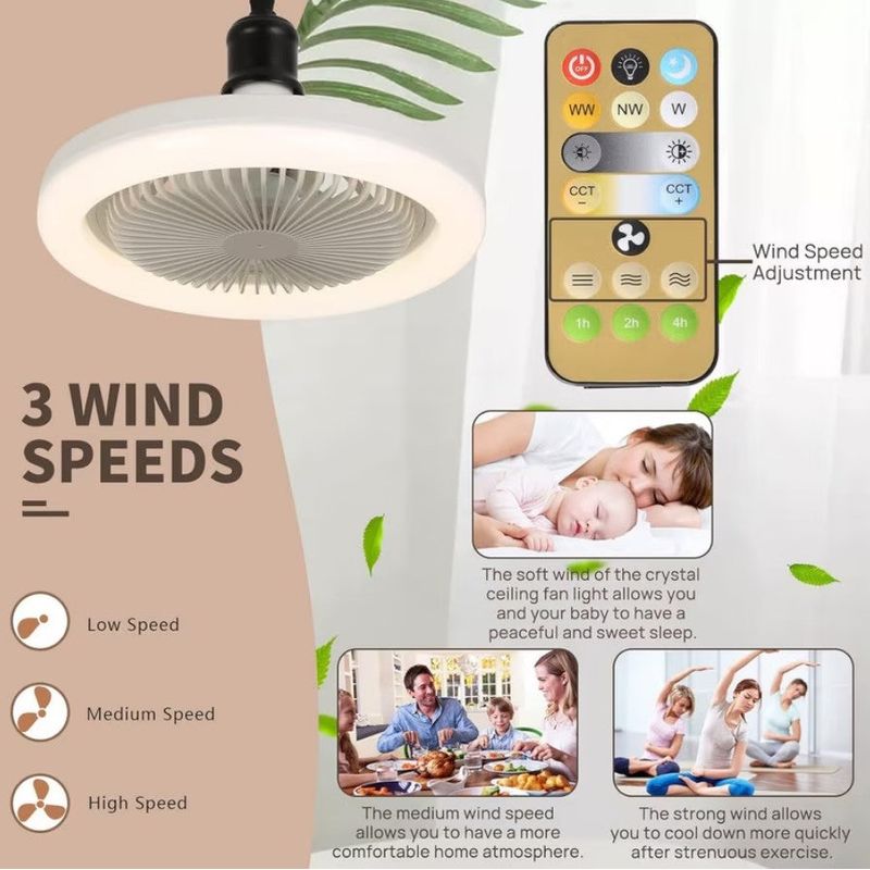 Casa si Gradina - Corpuri si surse de iluminat - Plafoniere, aplice si spoturi - Ventilator de tavan silentios, 30W, 3 viteze, cu soclu E27/B22, lumina si telecomanda, alb-galben - Infinity.ro