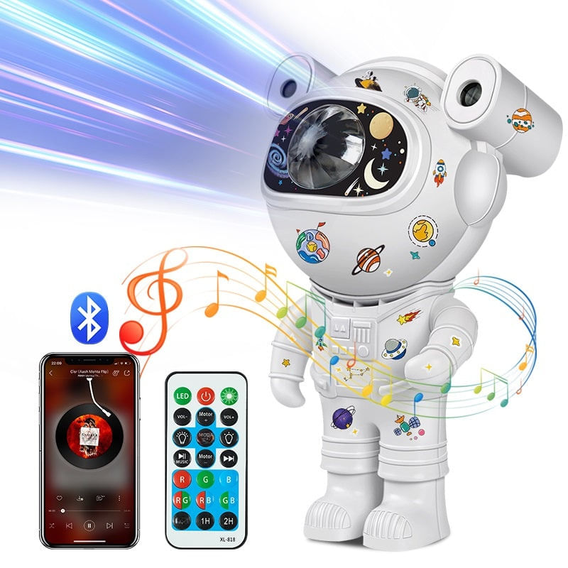 Casa si Gradina - Corpuri si surse de iluminat - Veioze si lampi - Lampi de veghe copii - Proiector bluetooth LED RGB in forma de astronaut cu sunete si lumini, telecomanda, stickere autoadezive, alb - Infinity.ro
