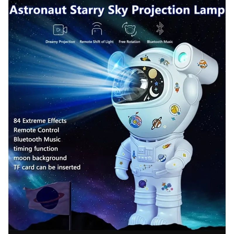 Casa si Gradina - Corpuri si surse de iluminat - Veioze si lampi - Lampi de veghe copii - Proiector bluetooth LED RGB in forma de astronaut cu sunete si lumini, telecomanda, stickere autoadezive, alb - Infinity.ro