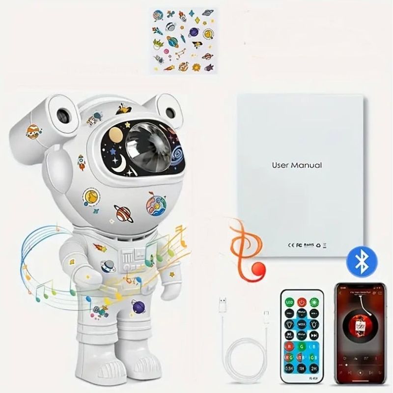 Casa si Gradina - Corpuri si surse de iluminat - Veioze si lampi - Lampi de veghe copii - Proiector bluetooth LED RGB in forma de astronaut cu sunete si lumini, telecomanda, stickere autoadezive, alb - Infinity.ro