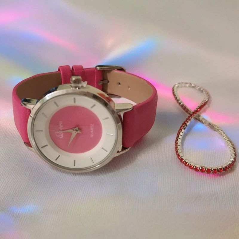 Fashion, accesorii si bijuterii - Femei - Bijuterii femei - Ceasuri femei - Set ceas casual de dama cu bratara inclusa, mecanism quartz, display analog, bratara roz lucios, inchidere catarama - Infinity.ro