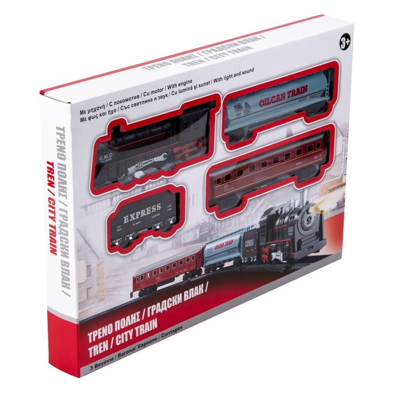 Jucarii, Copii si Bebe - Jucarii si jocuri - Vehicule si jucarii cu telecomanda - Trenulete de jucarie - Tren jucarie multicolor, locomotiva, vagon combustibili, cisterna, vagon calatori, sunet si lumini - Infinity.ro