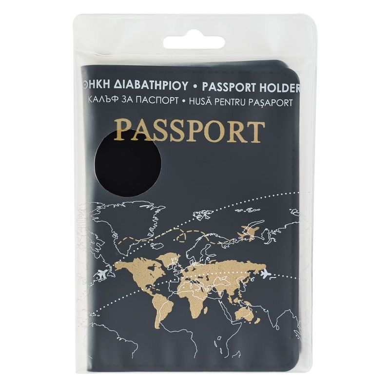 Sport si Outdoor - Articole de voiaj - Accesorii articole de voiaj - Husa pasaport, negru, detalii aurii, 9 x 13.8cm, pu - Infinity.ro
