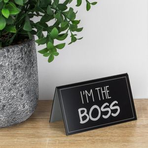 Suport birou plastic, mesaj "i'm the boss", negru, 11.5 x 6 x 7cm