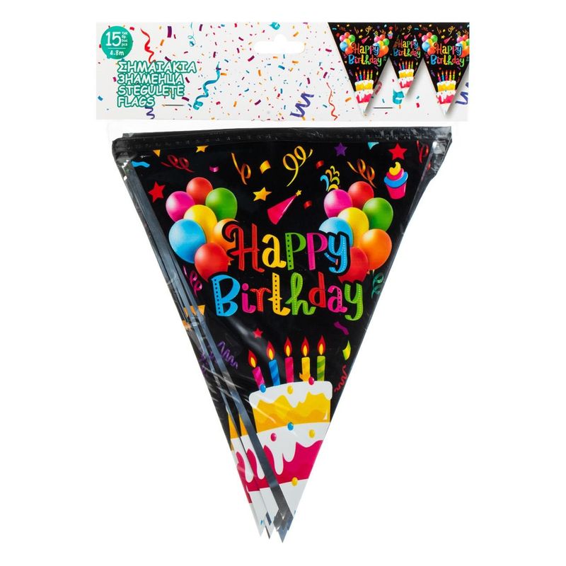 Casa si Gradina - Decoratiuni - Decoratiuni petrecere - Accesorii pentru petrecere - Ghirlanda petrecere, happy birthday, 4.8m, 15 bucati, stegulete folie, negru multicolor - Infinity.ro