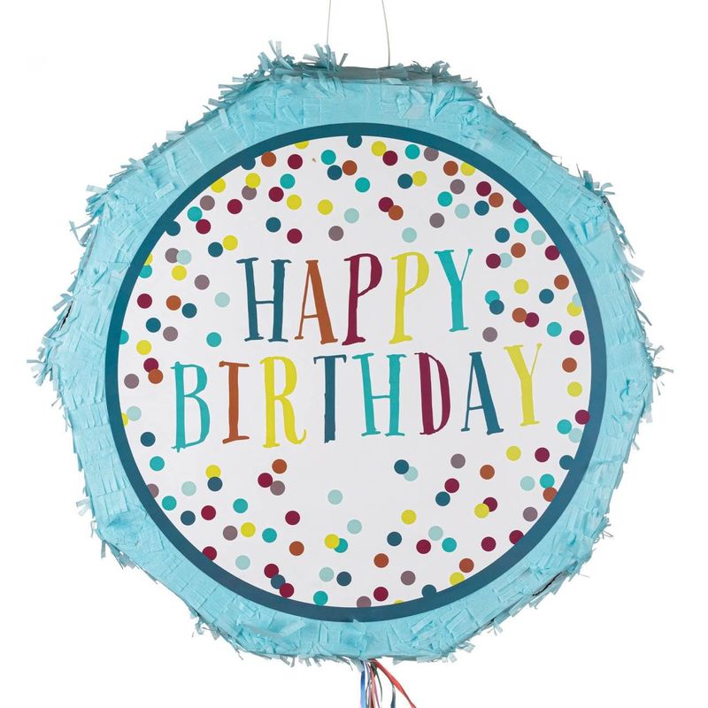 Casa si Gradina/Decoratiuni/Decoratiuni petrecere/Accesorii pentru petrecere - Piniata rotunda, imprimeu happy birthday, albastru, 44 x 11cm - Infinity.ro