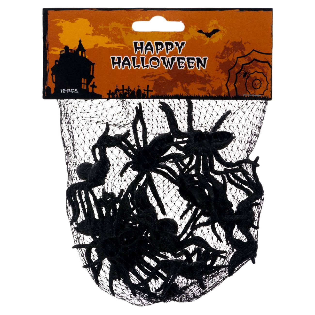 Set decoratiuni halloween, paianjeni realistici, 12 bucati, plastic, culoare negru, marime 5cm