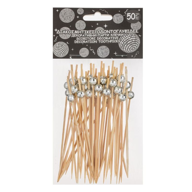 Casa si Gradina - Decoratiuni - Decoratiuni petrecere - Accesorii pentru petrecere - Scobitori decorative, model disco ball, set 50 buc, argintiu-bej, 12cm - Infinity.ro