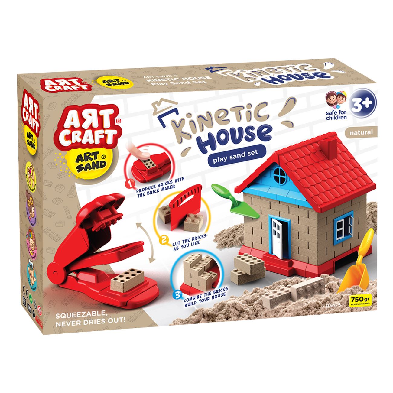Set creativ nisip kinetic, artcraft, kinetic house, 12 piese, natural, capacitate 750g