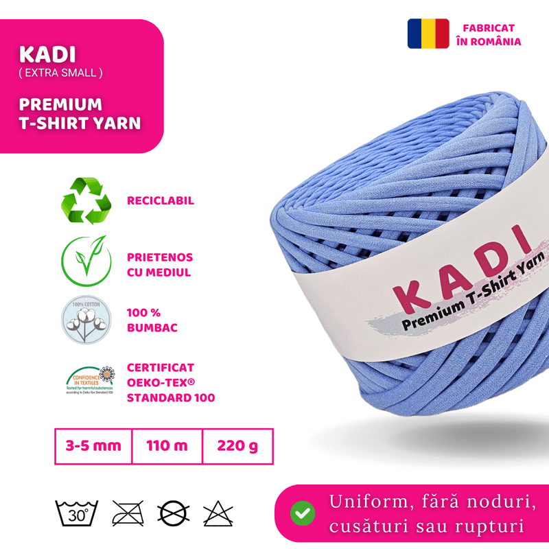 Casa si Gradina - Decoratiuni - DIY - Articole mercerie - Fir panglica pentru crosetat tricotat si macrame, KaDi Extra Small, 3-5 mm, 110 m, 100% bumbac, culoare Albastru Cerului - Infinity.ro