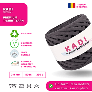 Fir panglica pentru crosetat tricotat si macrame, KaDi Medium, 7-9 mm, 110 m, 100% bumbac, culoare Gri Inchis