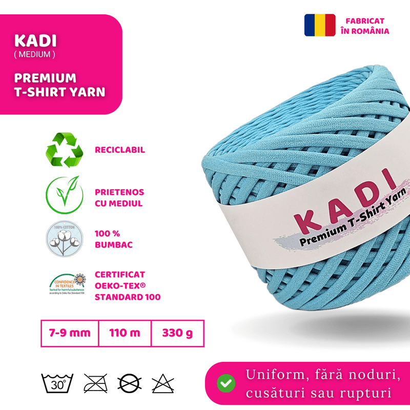 Casa si Gradina - Decoratiuni - DIY - Articole mercerie - Fir panglica pentru crosetat tricotat si macrame, KaDi Medium, 7-9 mm, 110 m, 100% bumbac, culoare Azuriu - Infinity.ro