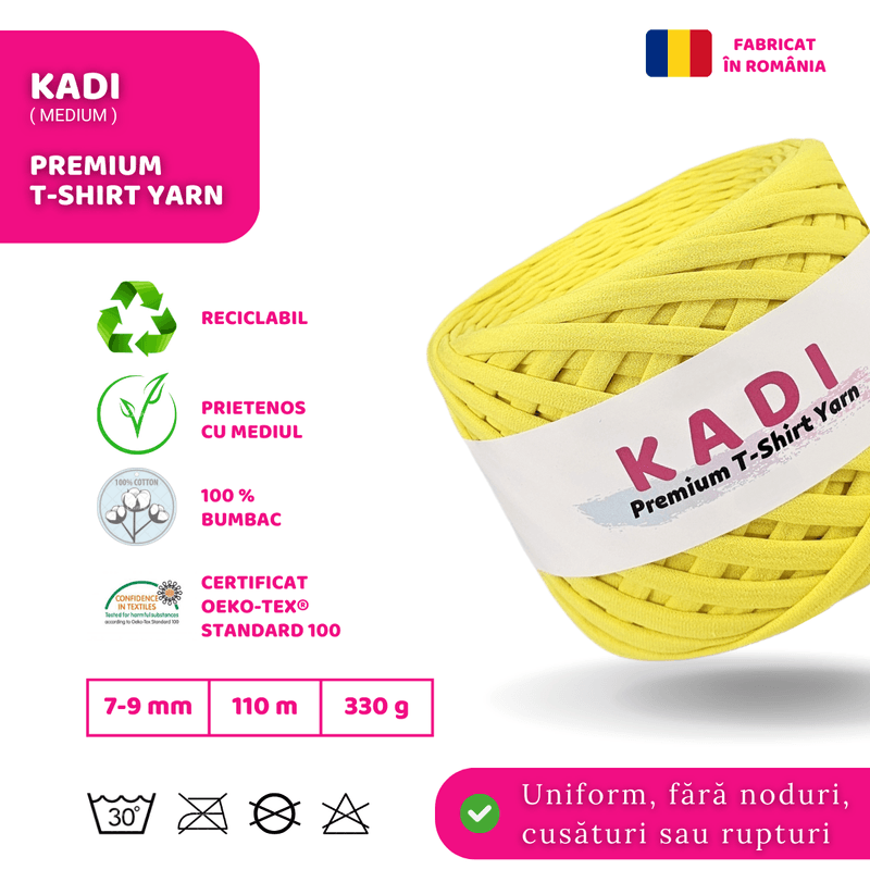 Casa si Gradina - Decoratiuni - DIY - Articole mercerie - Fir panglica pentru crosetat tricotat si macrame, KaDi Medium, 7-9 mm, 110 m, 100% bumbac, culoare Lamaie - Infinity.ro