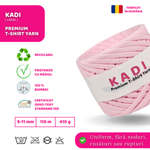 Fir panglica pentru crosetat tricotat si macrame, KaDi Large, 9-11 mm, 110 m, 100% bumbac, culoare Roz Pastel
