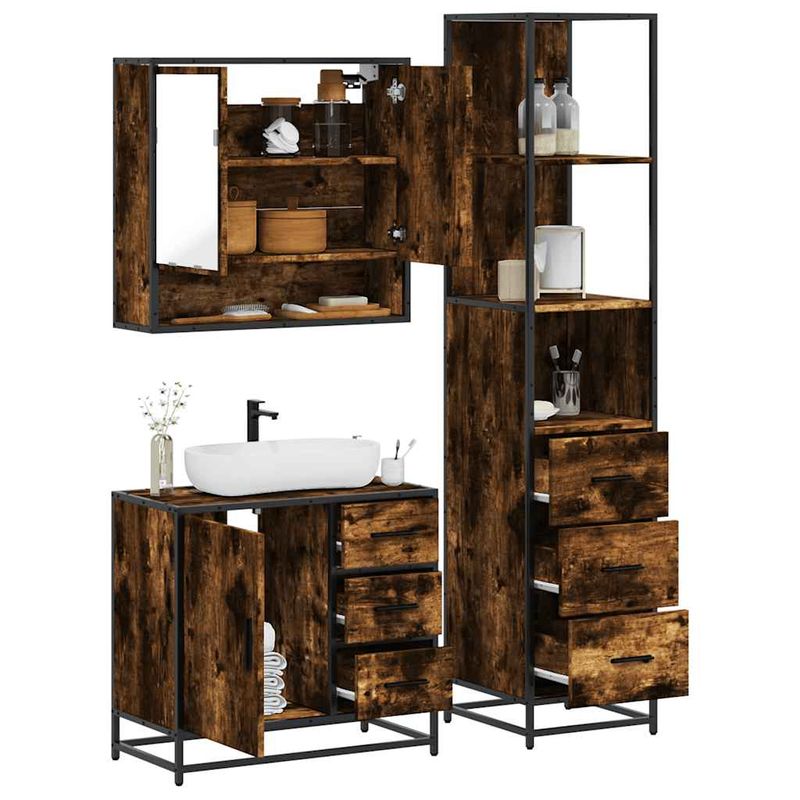 Casa si Gradina - Mobilier - Seturi de mobilier - Seturi baie - Set mobilier de baie, 3 piese, stejar fumuriu, lemn prelucrat - Infinity.ro