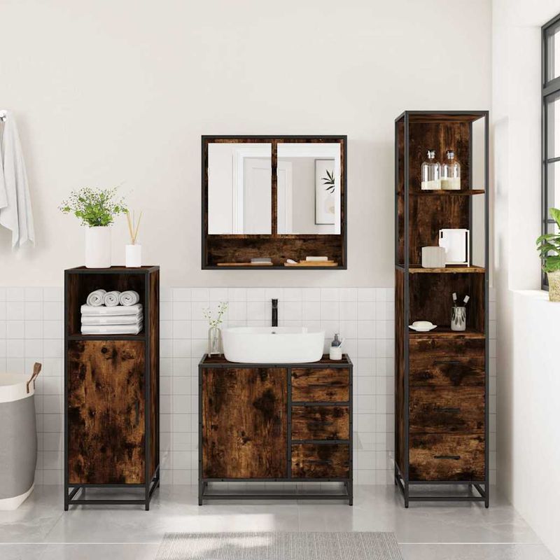 Casa si Gradina - Mobilier - Seturi de mobilier - Seturi baie - Set mobilier de baie, 3 piese, stejar fumuriu, lemn prelucrat - Infinity.ro