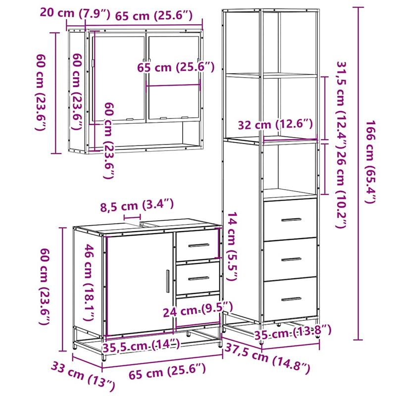 Casa si Gradina - Mobilier - Seturi de mobilier - Seturi baie - Set mobilier de baie, 3 piese, stejar fumuriu, lemn prelucrat - Infinity.ro