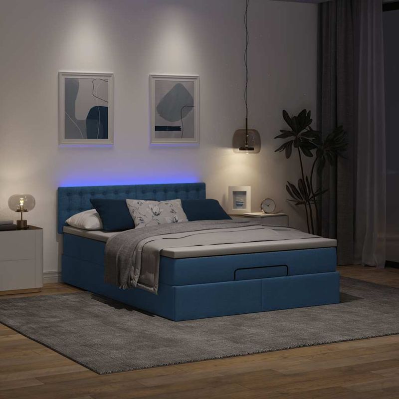 Casa si Gradina - Mobilier - Paturi si accesorii - Paturi - Pat otoman cu saltea albastru 140x190 cm stofa, model nasturi - Infinity.ro