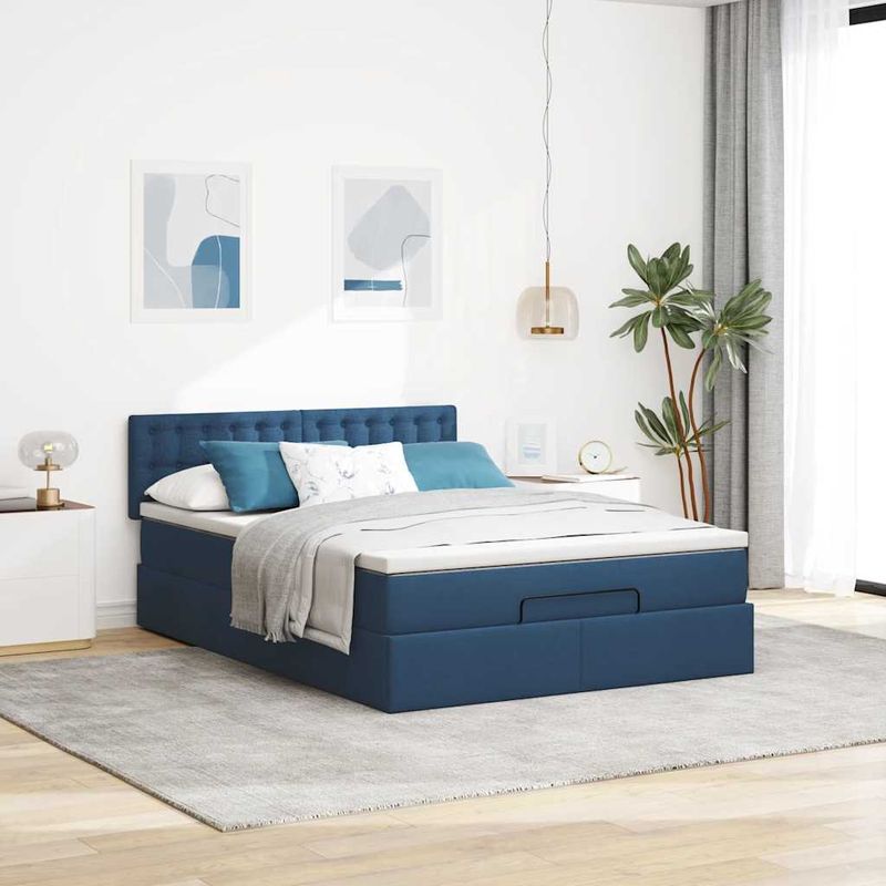 Casa si Gradina - Mobilier - Paturi si accesorii - Paturi - Pat otoman cu saltea albastru 140x190 cm stofa, model nasturi - Infinity.ro