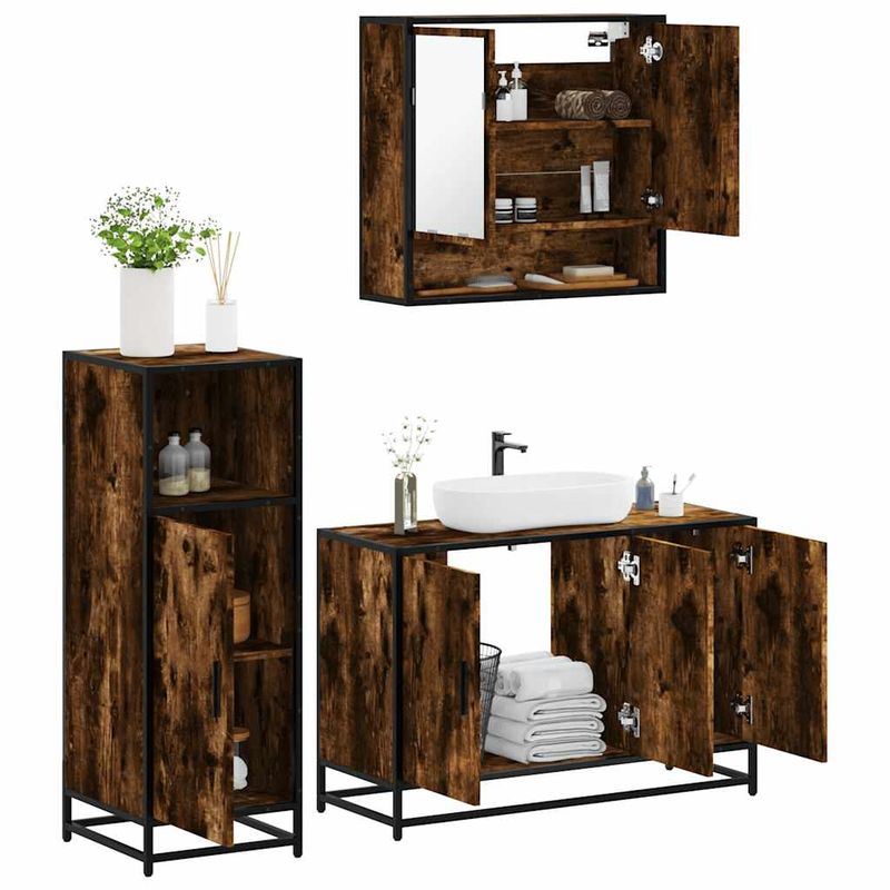 Casa si Gradina - Mobilier - Seturi de mobilier - Seturi baie - Set mobilier de baie, 3 piese, stejar fumuriu, lemn prelucrat - Infinity.ro