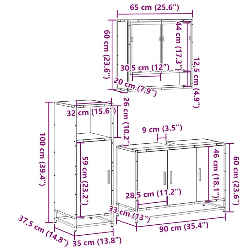 Casa si Gradina - Mobilier - Seturi de mobilier - Seturi baie - Set mobilier de baie, 3 piese, stejar fumuriu, lemn prelucrat - Infinity.ro