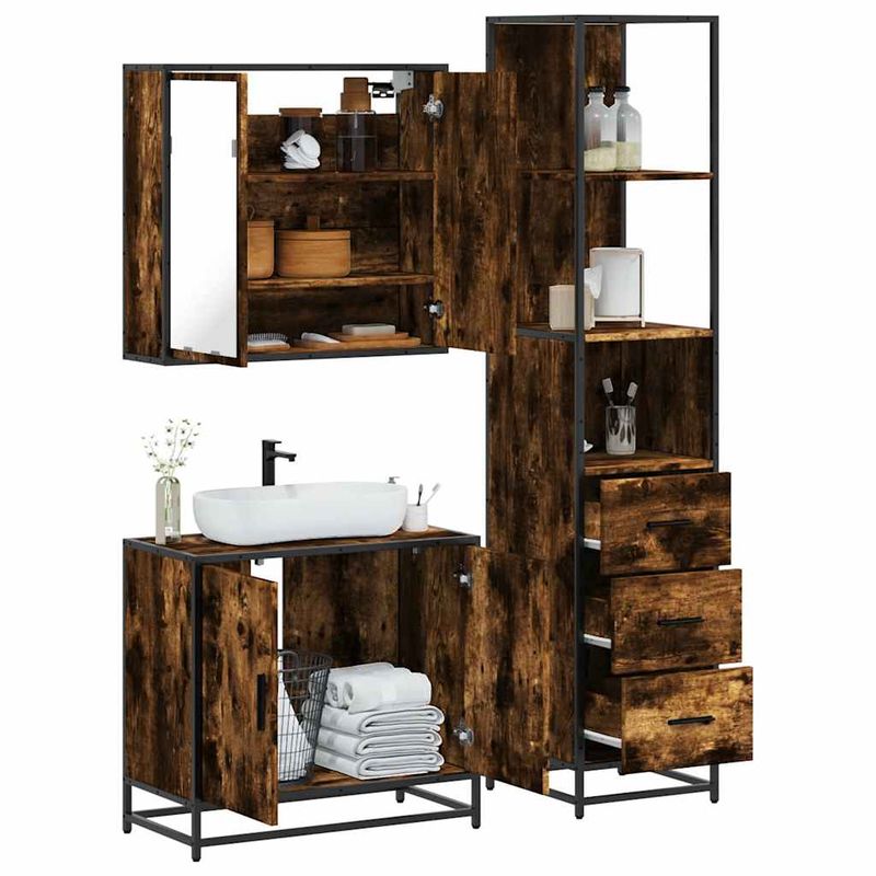 Casa si Gradina - Mobilier - Seturi de mobilier - Seturi baie - Set mobilier de baie, 3 piese, stejar fumuriu, lemn prelucrat - Infinity.ro