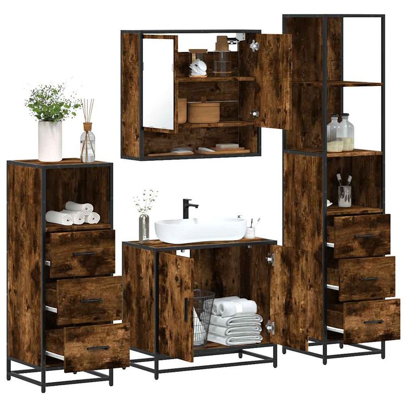 Casa si Gradina - Mobilier - Seturi de mobilier - Seturi baie - Set de mobilier de baie 4 piese Lemn prelucrat de stejar afumat - Infinity.ro