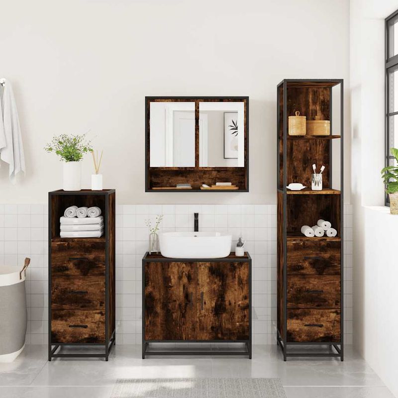 Casa si Gradina - Mobilier - Seturi de mobilier - Seturi baie - Set de mobilier de baie 4 piese Lemn prelucrat de stejar afumat - Infinity.ro
