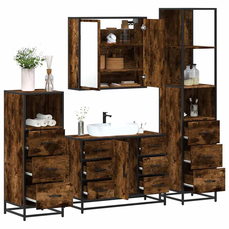 Casa si Gradina - Mobilier - Seturi de mobilier - Seturi baie - Set de mobilier de baie 4 piese Lemn prelucrat de stejar afumat - Infinity.ro