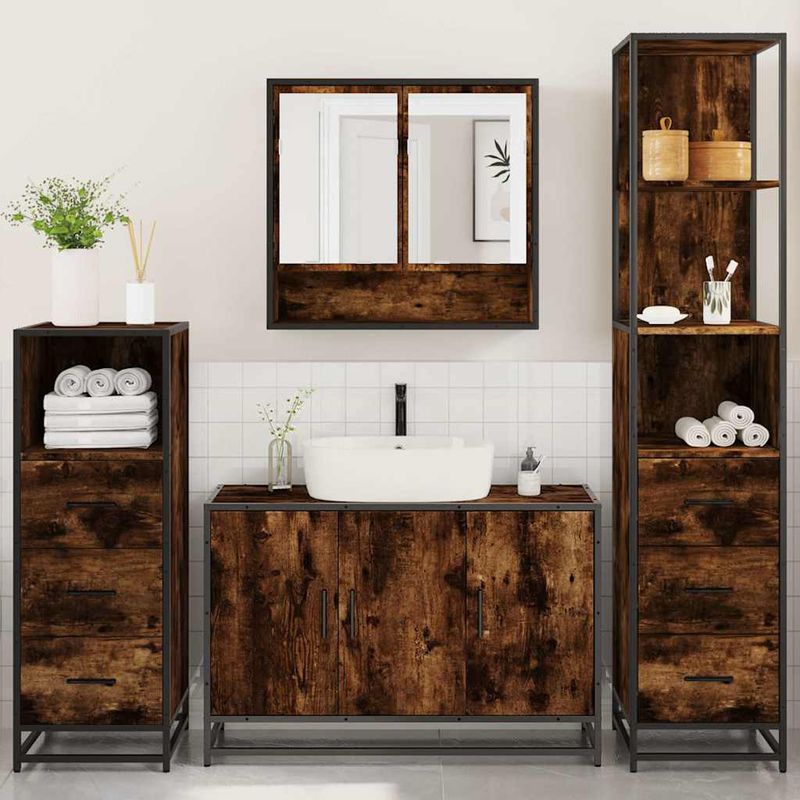 Casa si Gradina - Mobilier - Seturi de mobilier - Seturi baie - Set de mobilier de baie 4 piese Lemn prelucrat de stejar afumat - Infinity.ro