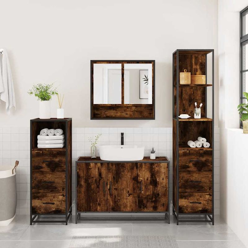 Casa si Gradina - Mobilier - Seturi de mobilier - Seturi baie - Set de mobilier de baie 4 piese Lemn prelucrat de stejar afumat - Infinity.ro