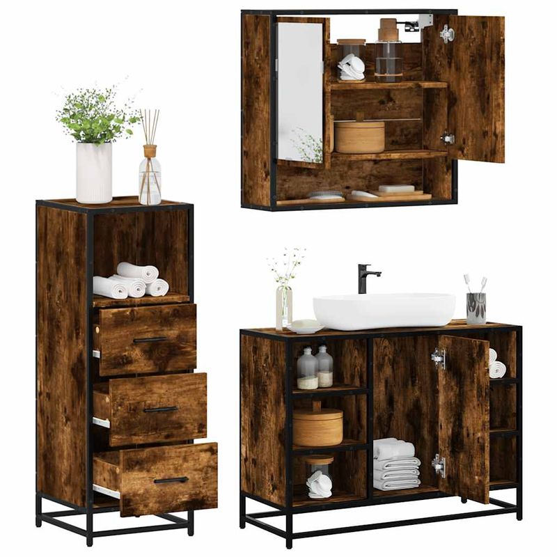 Casa si Gradina - Mobilier - Seturi de mobilier - Seturi baie - Set mobilier de baie, 3 piese, stejar fumuriu, lemn prelucrat - Infinity.ro