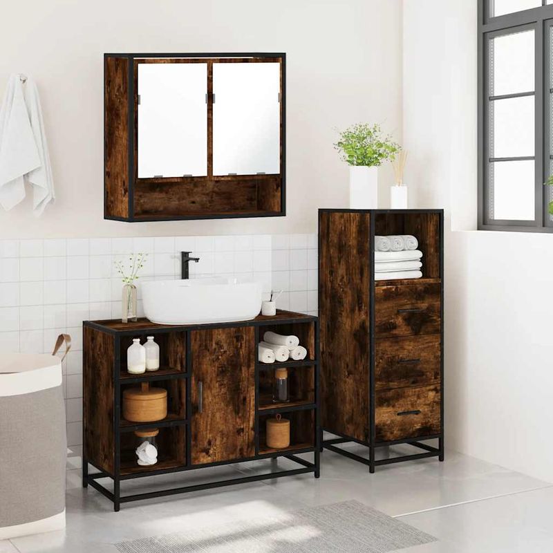 Casa si Gradina - Mobilier - Seturi de mobilier - Seturi baie - Set mobilier de baie, 3 piese, stejar fumuriu, lemn prelucrat - Infinity.ro