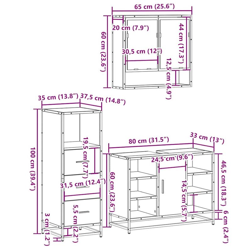 Casa si Gradina - Mobilier - Seturi de mobilier - Seturi baie - Set mobilier de baie, 3 piese, stejar fumuriu, lemn prelucrat - Infinity.ro