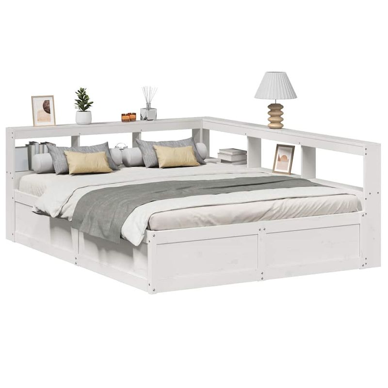 Casa si Gradina - Mobilier - Paturi si accesorii - Paturi - Pat cu biblioteca fara saltea, alb, 140x200 cm, lemn masiv pin - Infinity.ro