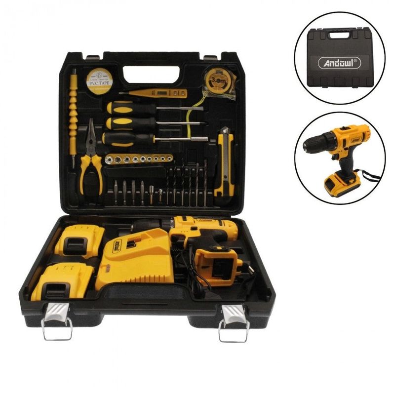Casa si Gradina - Constructii - Scule electrice si accesorii - Masini de gaurit si insurubat - Trusa masina de gaurit si insurubat Andowl Q-GJ011, fara cablu, cu 2 acumulatori 5Ah 24V, negru cu galben - Infinity.ro