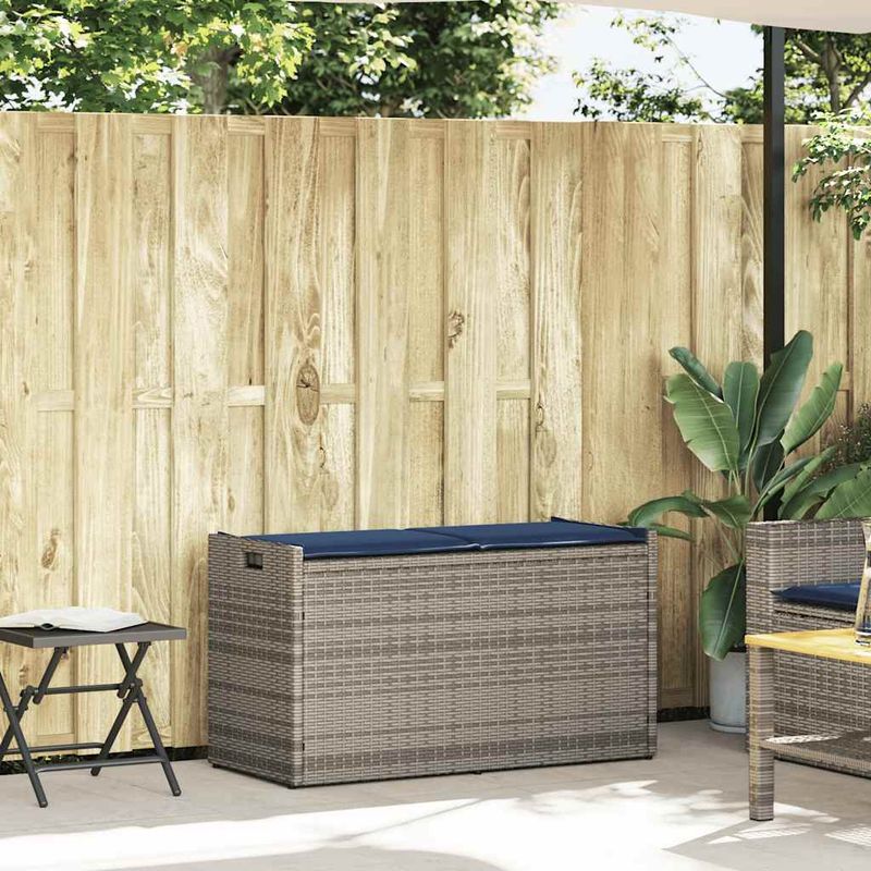 Casa si Gradina - Gradina si terasa - Mobilier exterior - Bancute de gradina - Banca de depozitare in aer liber cu perna gri 100 cm polirattan, gri și bleumarin - Infinity.ro