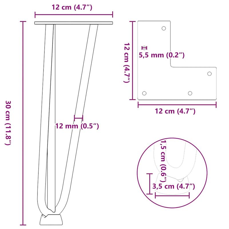 Casa si Gradina - Mobilier - Feronerie si accesorii mobila - Picioare de masa in ac de par 4 buc Otel natural Otel solid, model 3 rods, mărime 30 cm - Infinity.ro