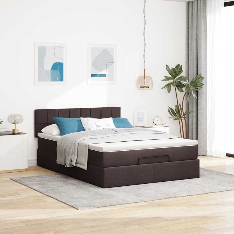 Casa si Gradina - Mobilier - Paturi si accesorii - Paturi - Pat otoman cu saltea tesatura maro inchis 140x190 cm, model cu blocuri pătrate - Infinity.ro