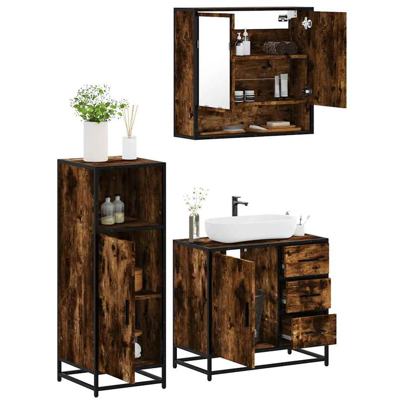 Casa si Gradina - Mobilier - Seturi de mobilier - Seturi baie - Set mobilier de baie, 3 piese, stejar fumuriu, lemn prelucrat - Infinity.ro